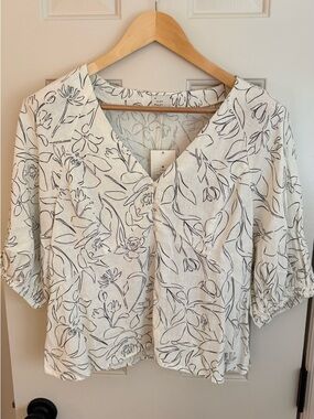 a new day Cream Linen Blouse with Black Floral Sketch Print